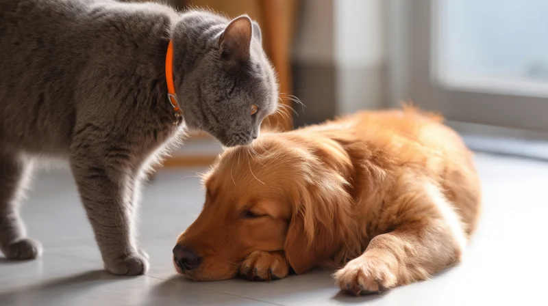 Gray cat sniffing golden retriever lying on floor near window