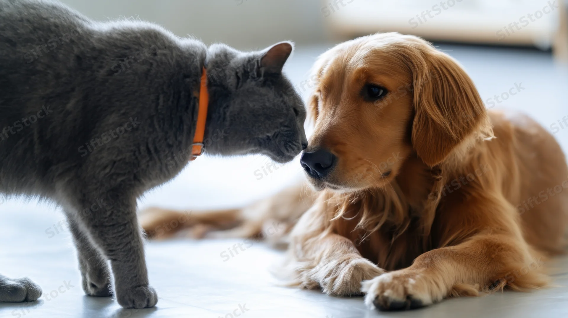 Gray cat and golden retriever puppy touching noses on tiled floor indoors