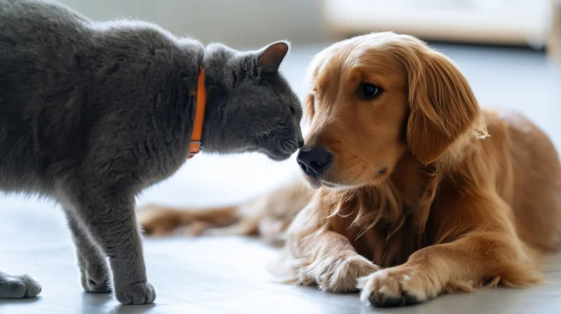 Gray cat and golden retriever puppy touching noses on tiled floor indoors