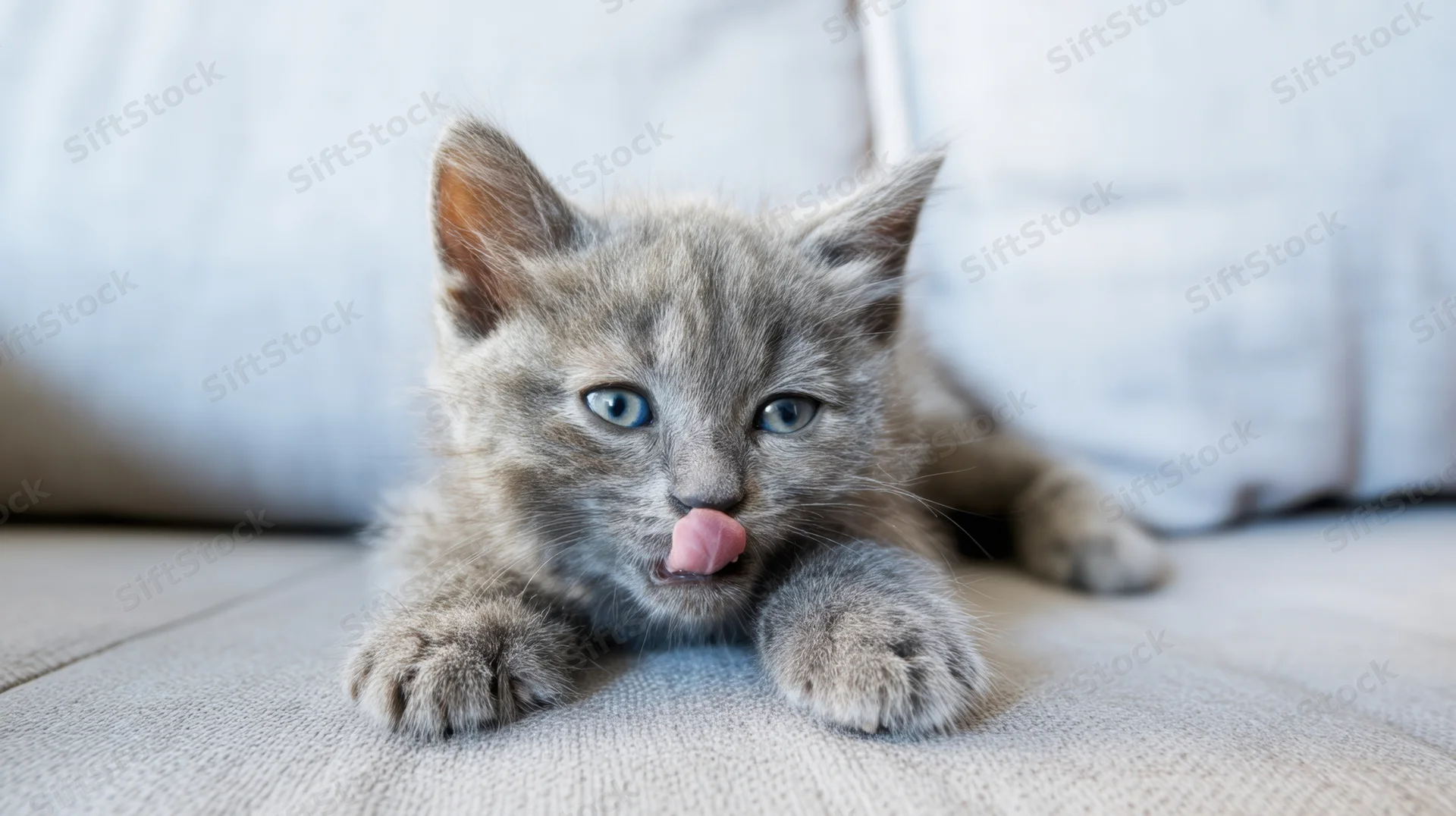 Gray kitten lying on couch licking its nose with blue eyes visible
