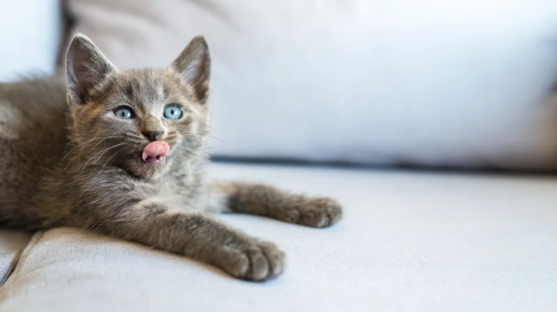 Gray kitten lying on couch with tongue out, blue eyes wide open