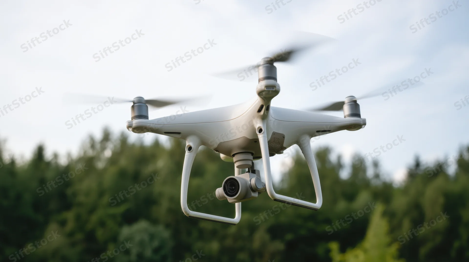 White quadcopter drone hovering with camera over forested area