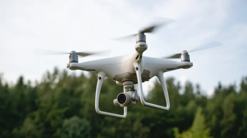 White quadcopter drone hovering with camera over forested area