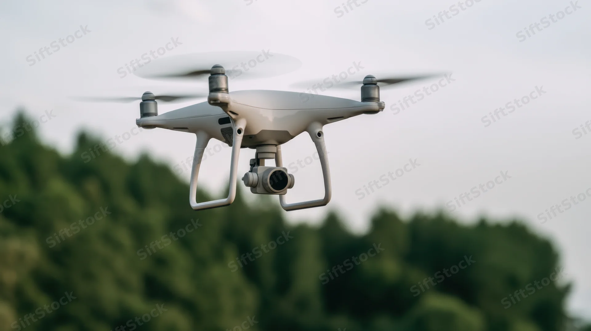 Gray quadcopter drone hovering in sky above forest with camera attached