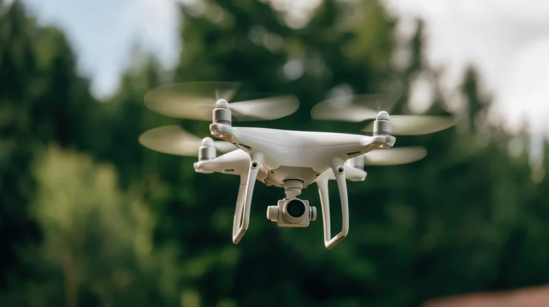 White quadcopter drone hovering with camera in forested outdoor area