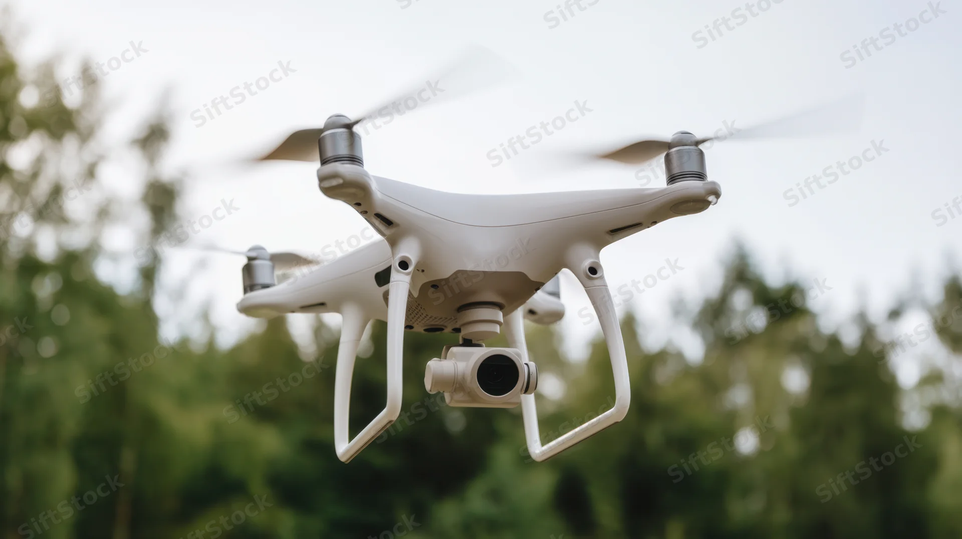 White quadcopter drone hovering with camera over forested area