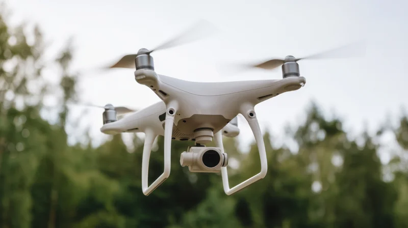 White quadcopter drone hovering with camera over forested area
