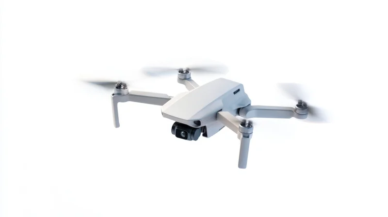 Gray quadcopter drone hovering with camera and spinning propellers against white background