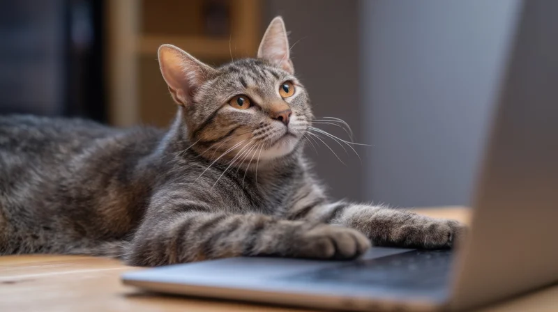 Gray tabby cat lying on wooden desk beside open laptop, looking up at screen