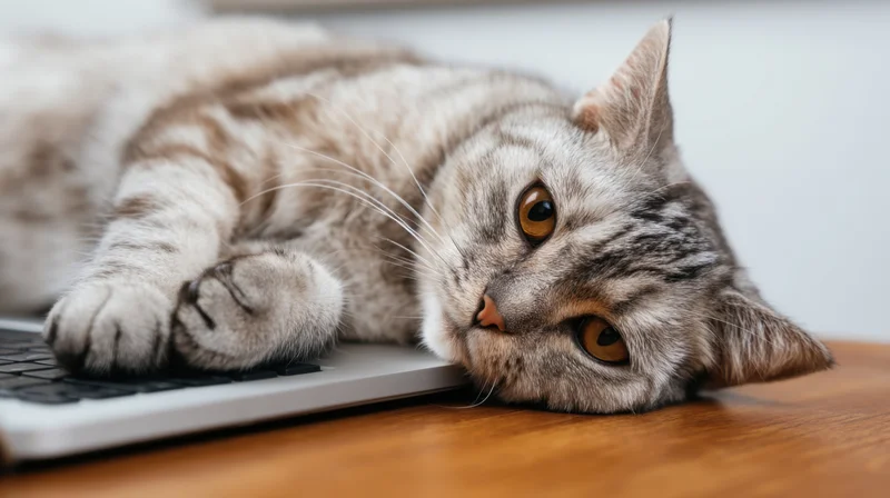 Gray tabby cat lying on laptop keyboard on wooden desk