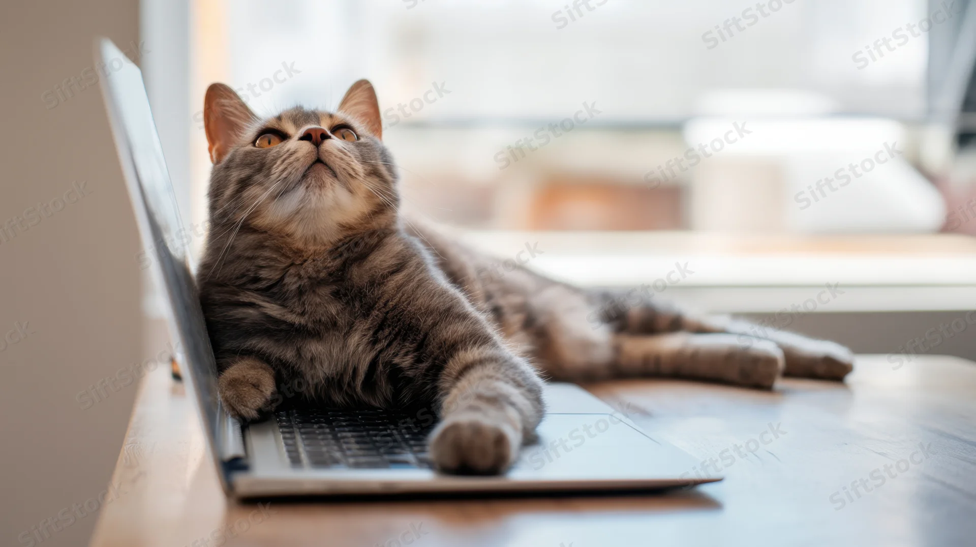 Gray tabby cat lying on laptop keyboard on wooden desk near window