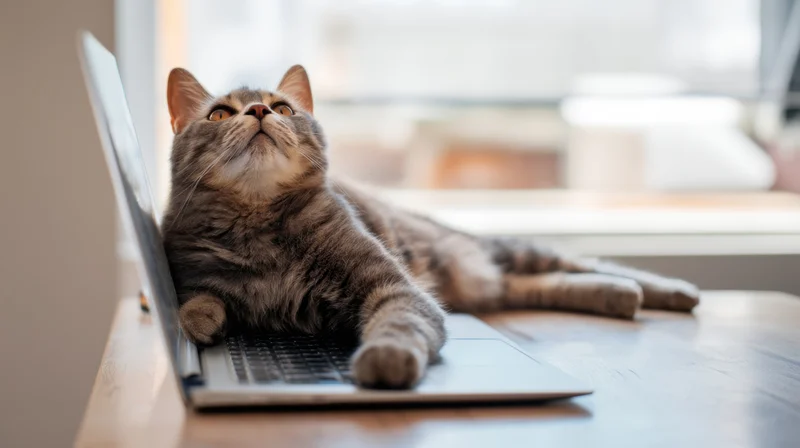 Gray tabby cat lying on laptop keyboard on wooden desk near window