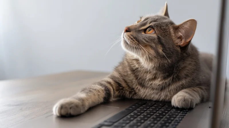 Gray tabby cat resting on laptop keyboard on wooden desk