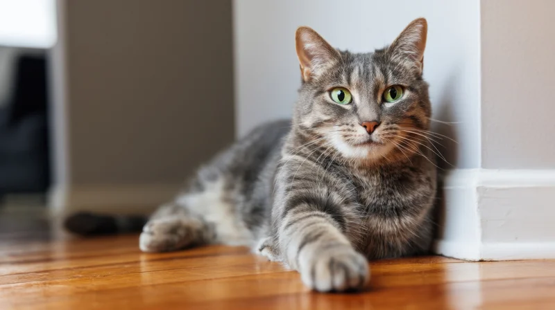 Gray tabby cat lying on hardwood floor indoors near white wall baseboard
