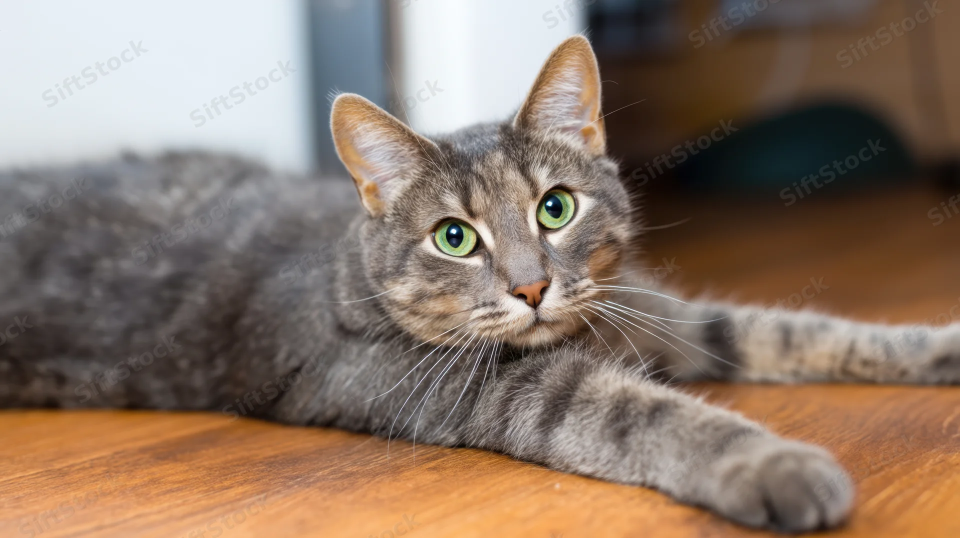 Gray tabby cat lying on wooden floor indoors, alert and relaxed with green eyes