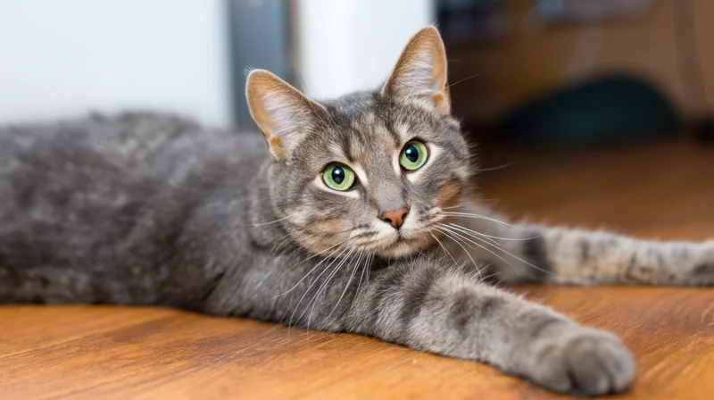 Gray tabby cat lying on wooden floor indoors, alert and relaxed with green eyes
