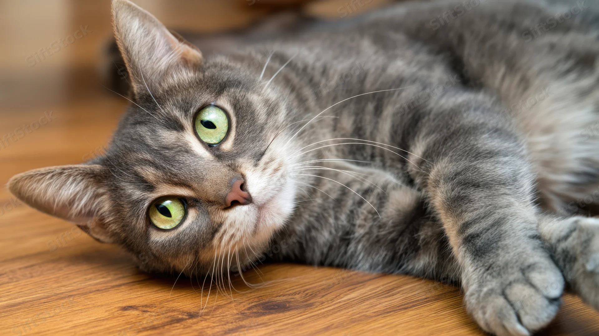 Gray tabby cat lying on wooden floor with green eyes looking up