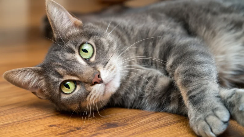 Gray tabby cat lying on wooden floor with green eyes looking up