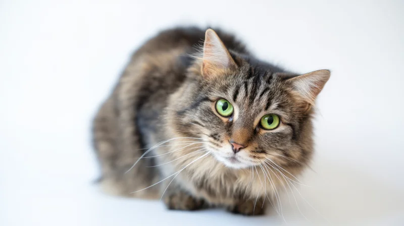 Gray tabby cat sitting alertly on white background with green eyes focused forward