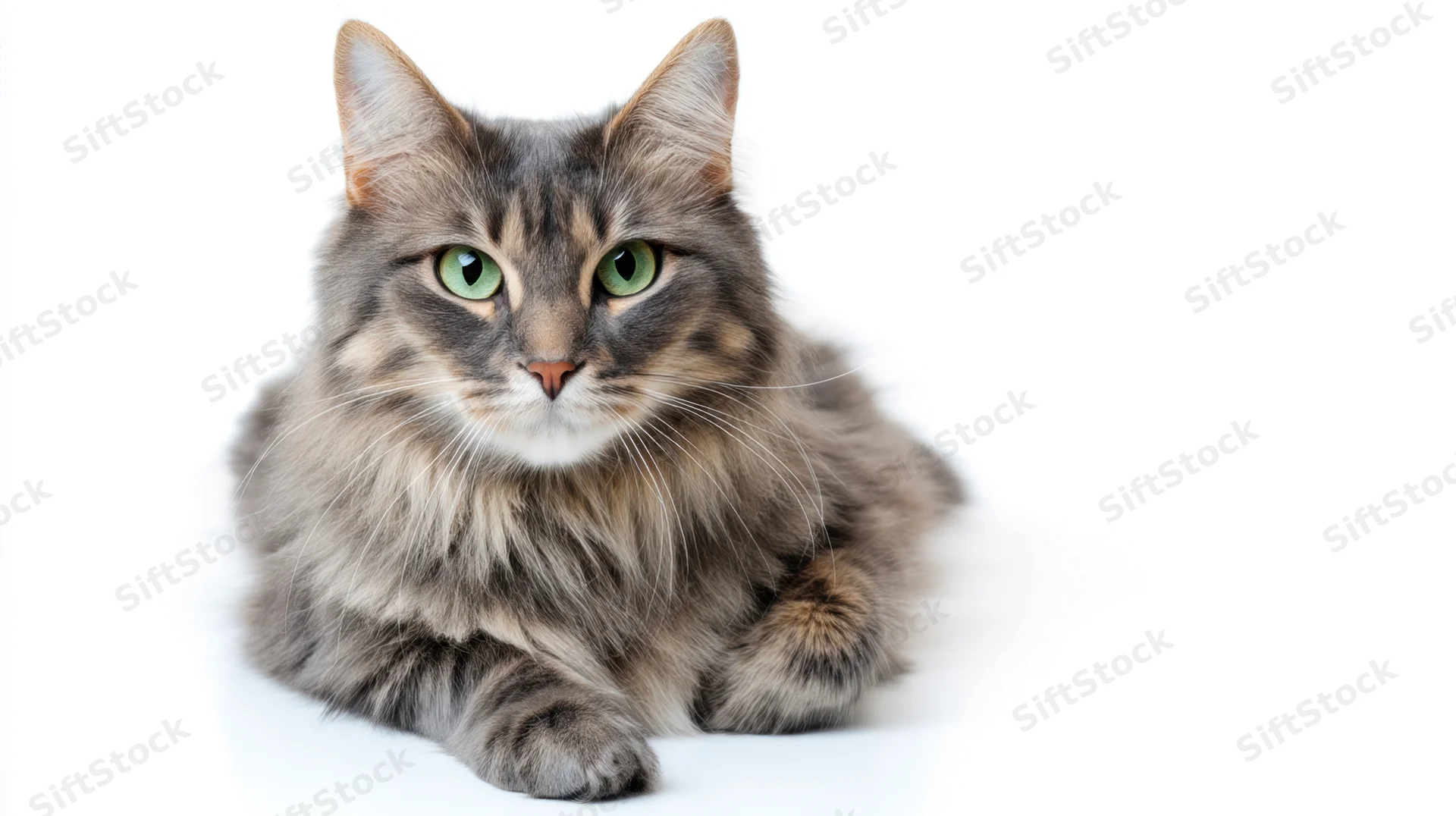 Gray tabby cat lying on white background, looking at camera with green eyes