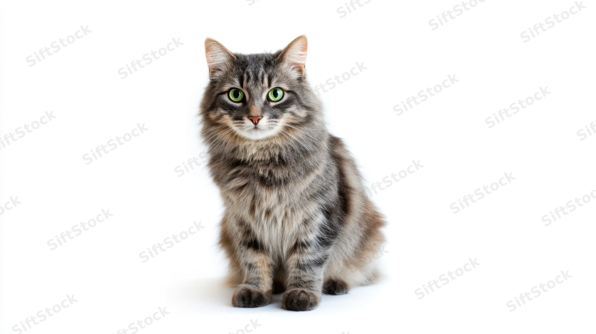 Gray tabby cat sitting alertly on white background in studio portrait