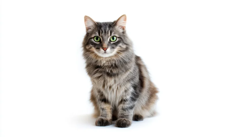Gray tabby cat sitting alertly on white background in studio portrait