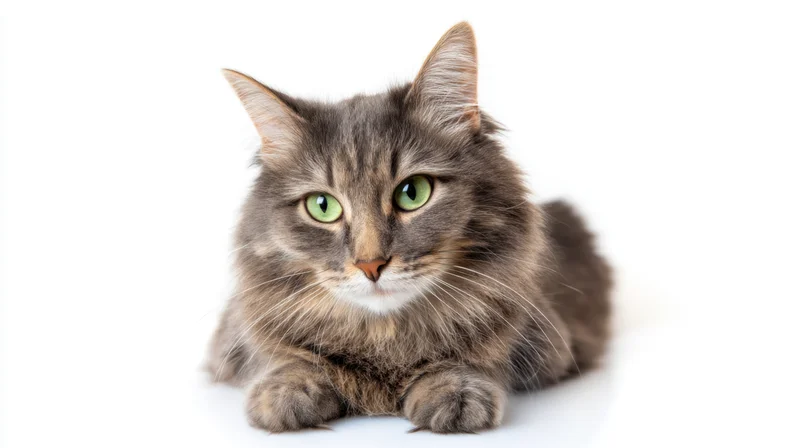 Gray tabby cat lying down with green eyes on white background