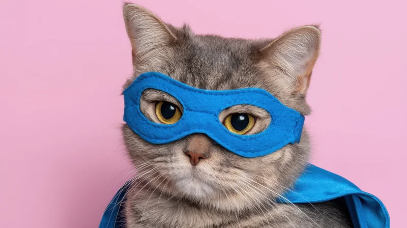 Gray tabby cat wearing blue superhero mask and cape against pink background