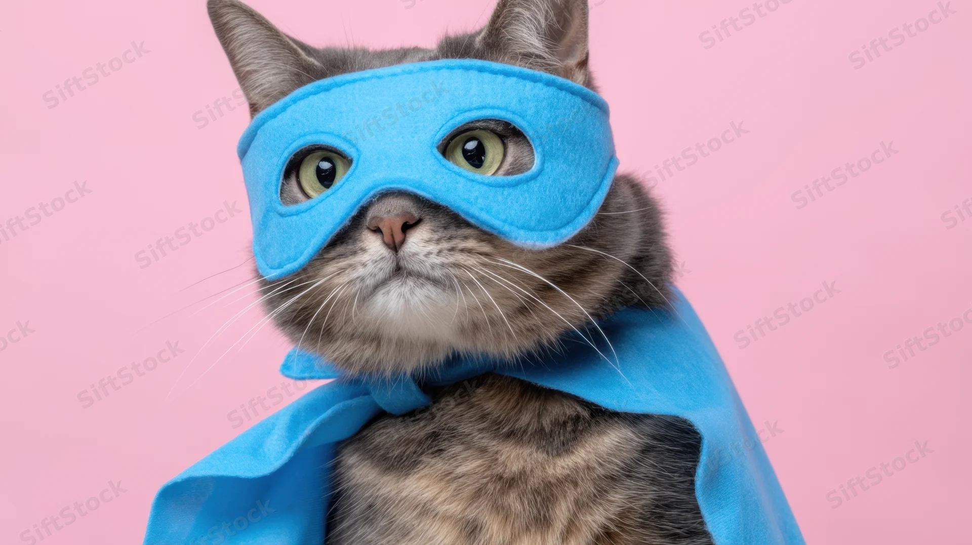 Gray tabby cat wearing blue superhero mask and cape against pink background