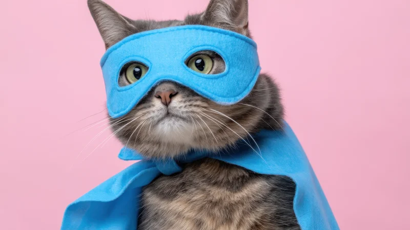 Gray tabby cat wearing blue superhero mask and cape against pink background