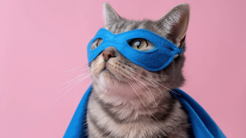 Gray tabby cat wearing blue superhero mask and cape, looking upward against pink background
