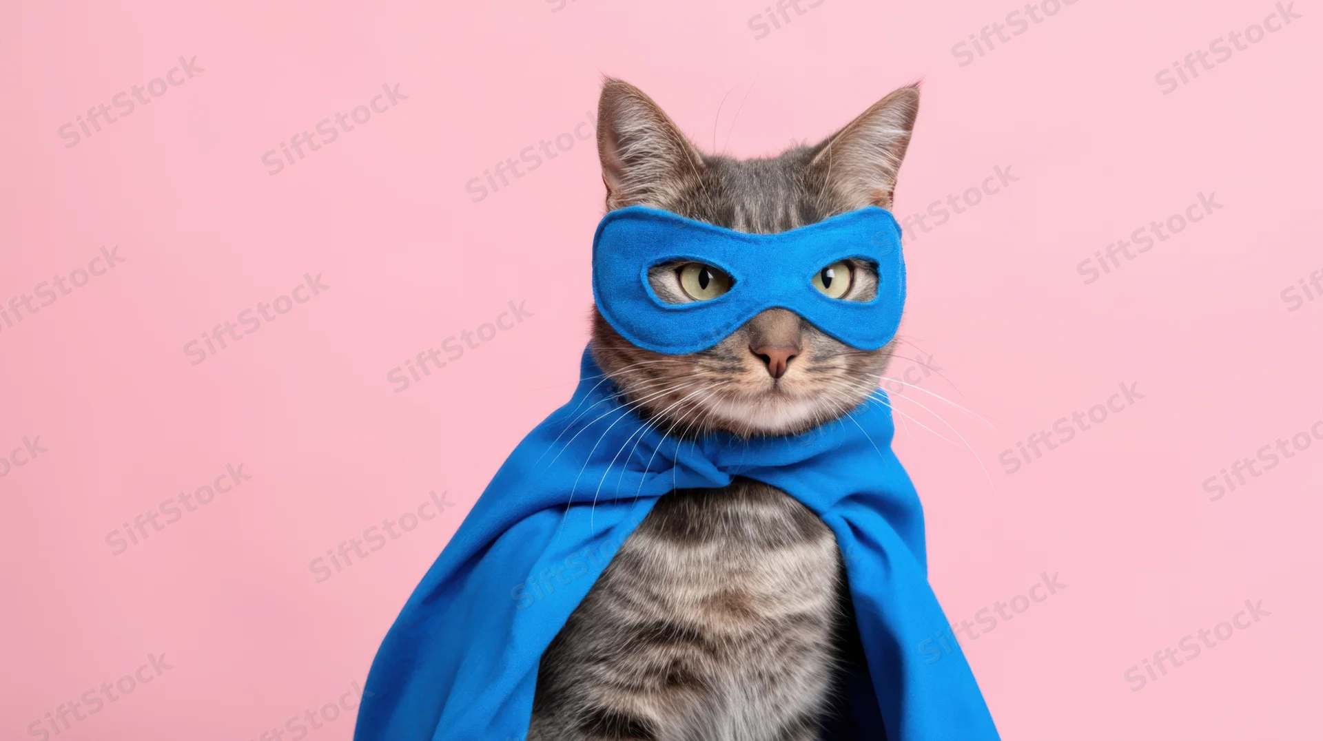 Gray tabby cat wearing blue superhero mask and cape against pink background
