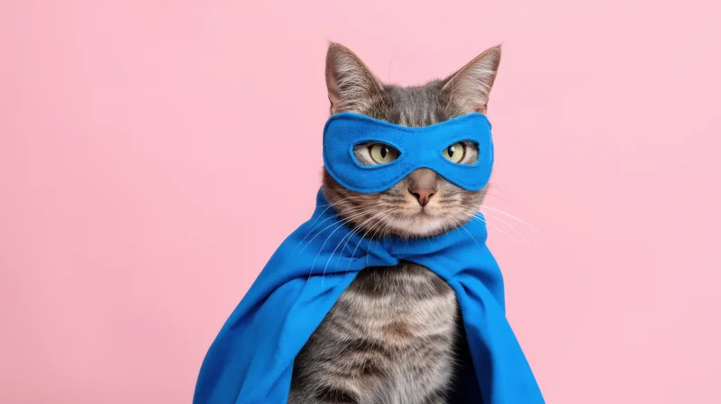 Gray tabby cat wearing blue superhero mask and cape against pink background