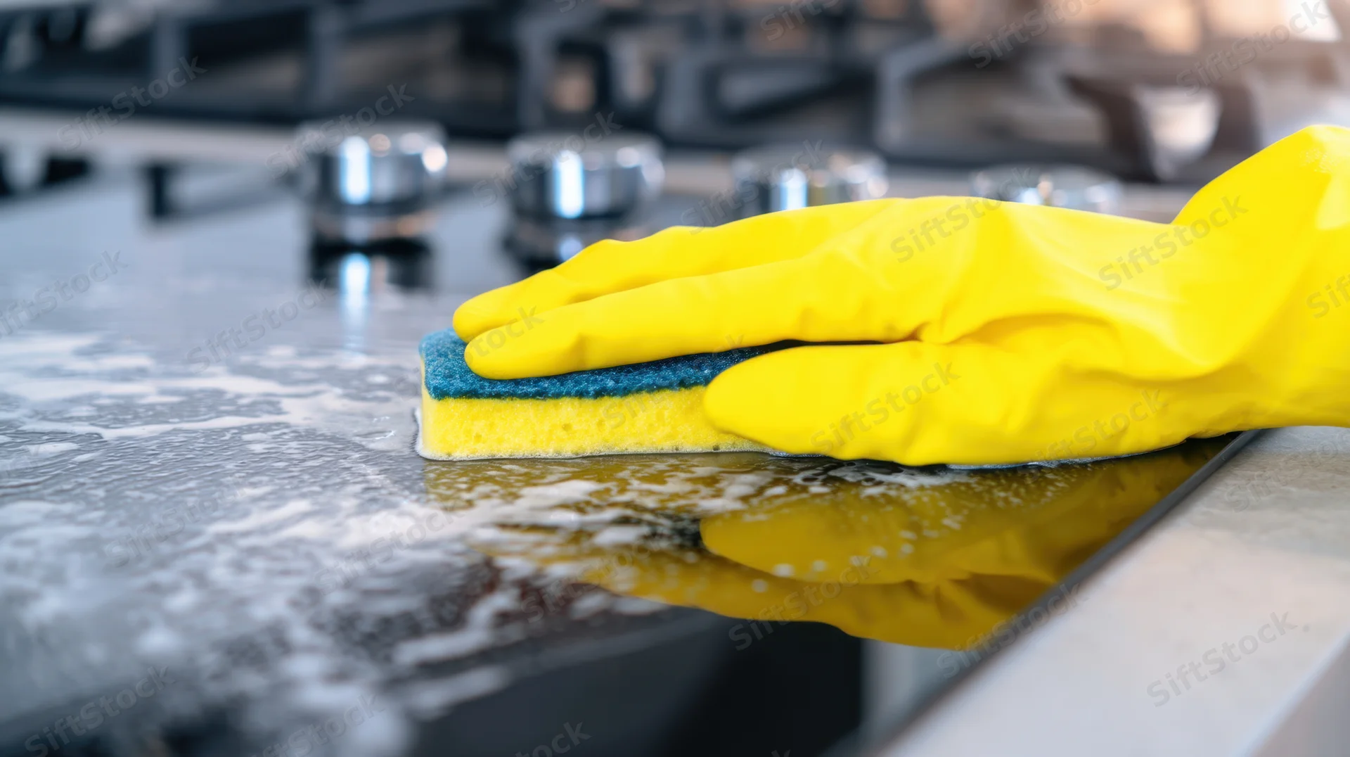Hand in yellow glove scrubbing kitchen stove surface with sponge and soap