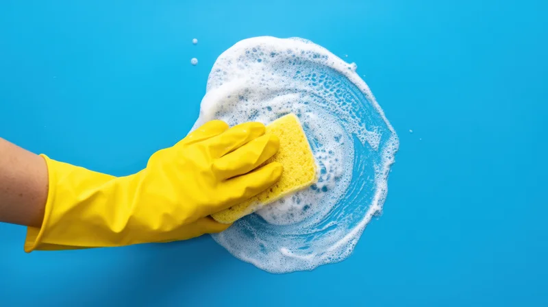 Hand in yellow rubber glove scrubbing a soapy surface with sponge on blue background