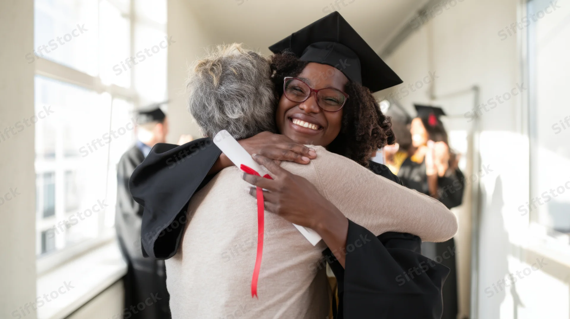 Smiling graduate woman hugging elderly woman in hallway holding diploma