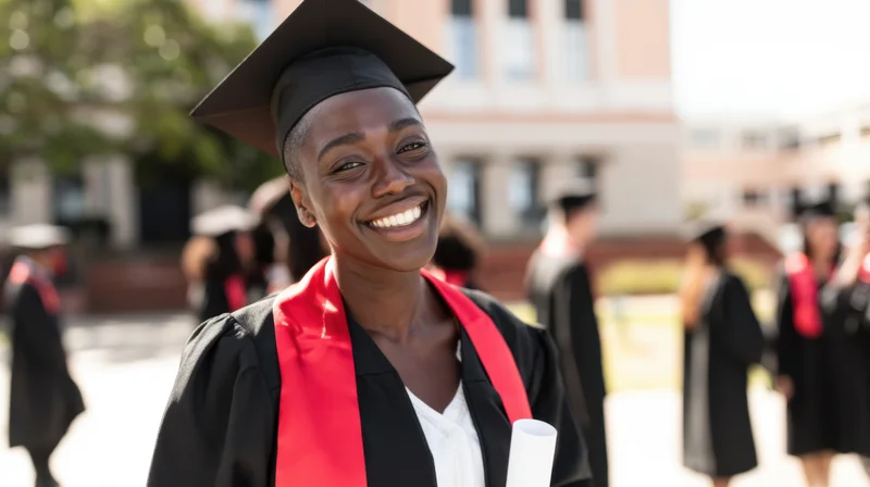 Smiling black woman graduate in cap and gown holding diploma on campus