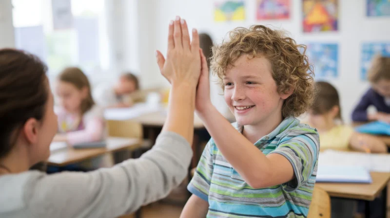 Teacher high-fiving a smiling student in a classroom