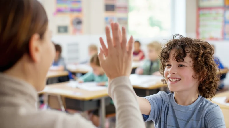 Teacher high-fiving a smiling student in a classroom