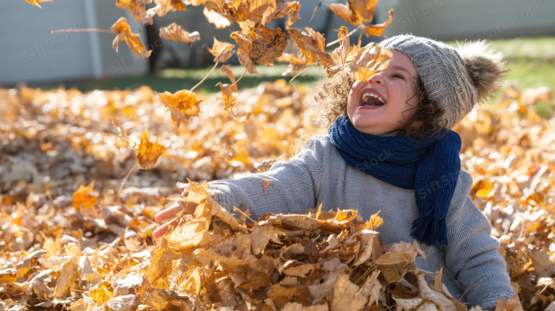 Toddler laughing while playing in a pile of autumn leaves outdoors