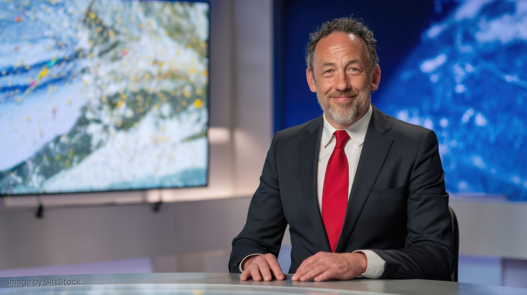 Male news anchor in suit and red tie seated at desk in television studio with weather map on screen behind him