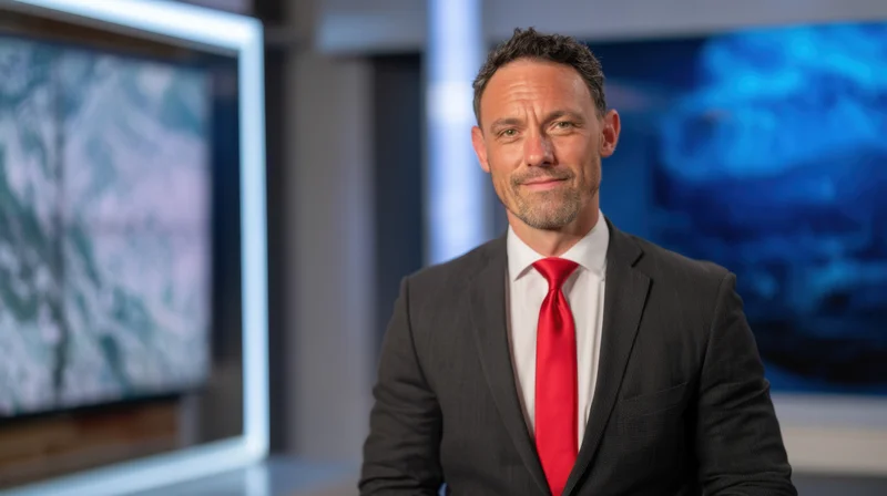 Male news anchor in suit and red tie standing in television studio with screens behind him