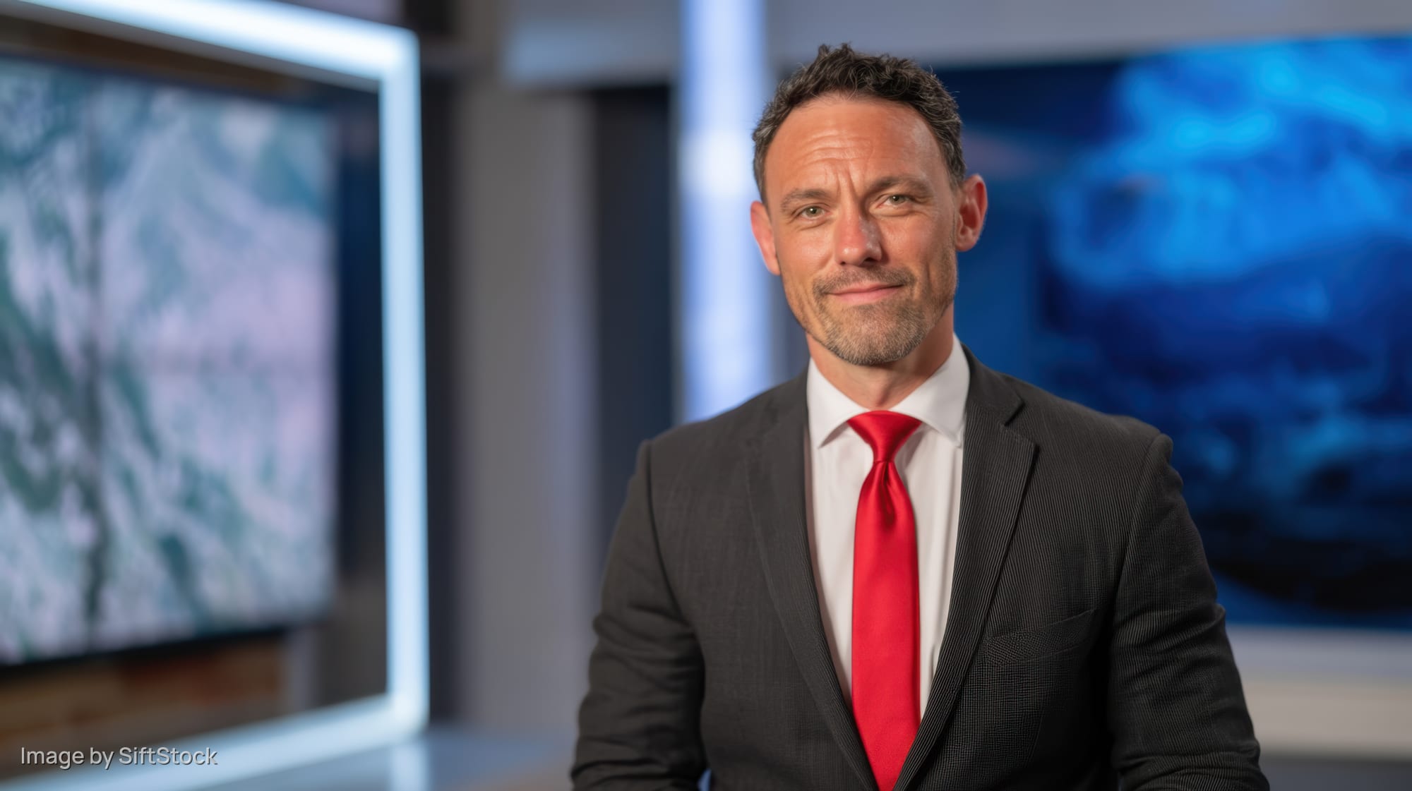 Male news anchor in suit and red tie standing in television studio with screens behind him