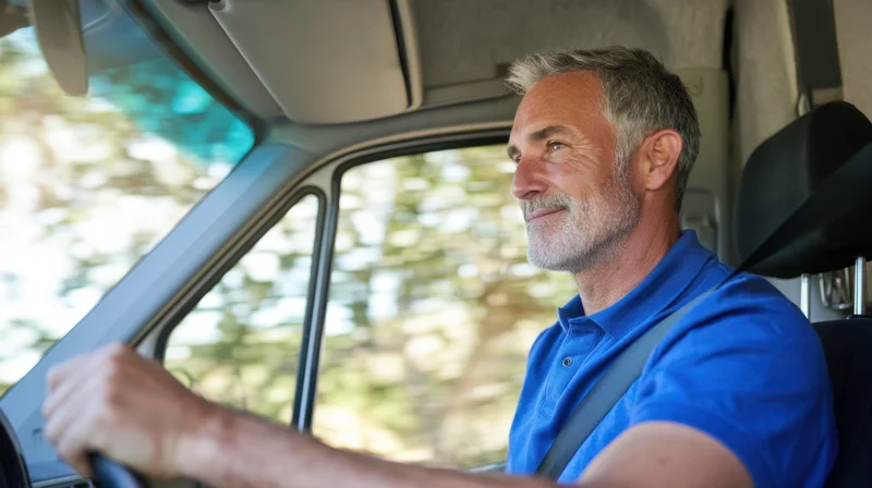Man driving a car with hand on steering wheel, wearing blue polo shirt and seatbelt, inside vehicle interior