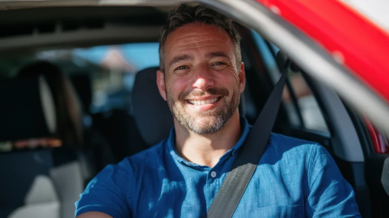 Smiling man in blue shirt driving a car, wearing seatbelt, inside vehicle interior