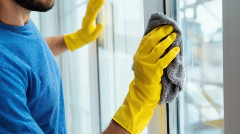 Man in blue t-shirt wearing yellow gloves cleaning window with cloth indoors