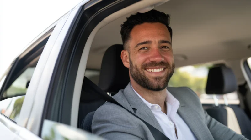 Smiling man in gray suit sitting in car interior wearing seatbelt