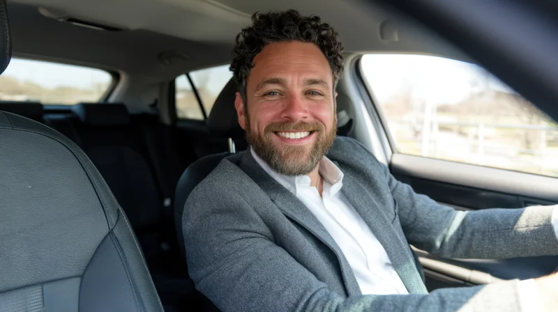 Man in gray suit smiling while driving car interior
