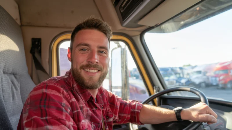 Smiling man in red plaid shirt sitting in truck cab with hand on steering wheel