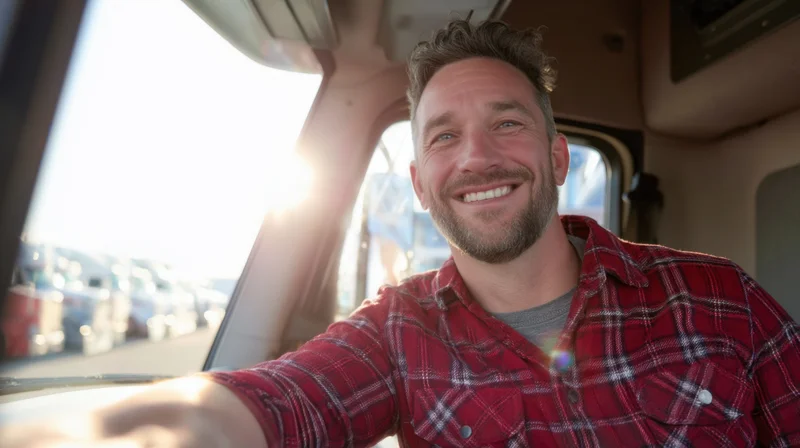 Smiling man in red plaid shirt sitting in truck cab with sunlight streaming through window